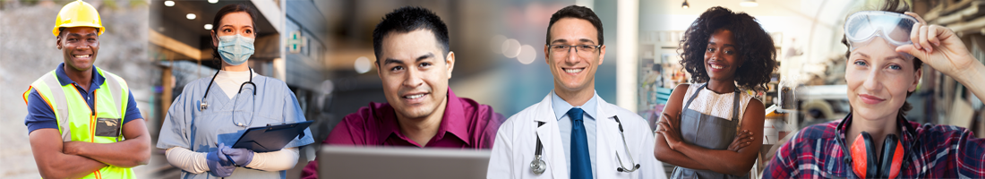 Workers' compensation stakeholders banner - construction workers, health care providers, office workers