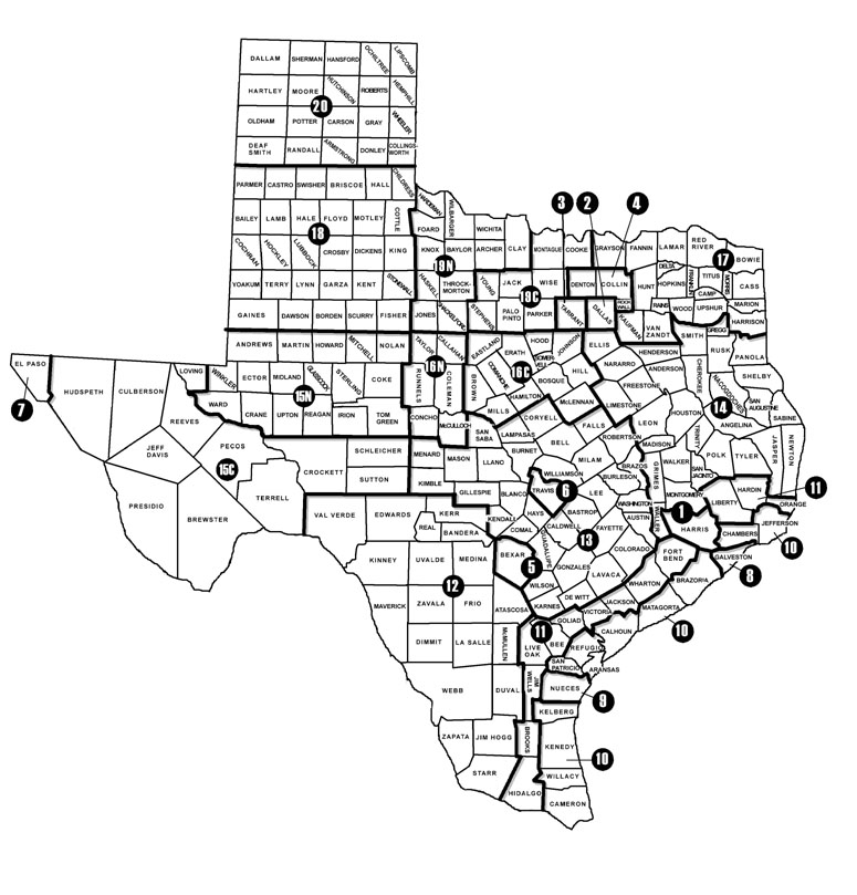 State of Texas Map with Counties Borders Listed