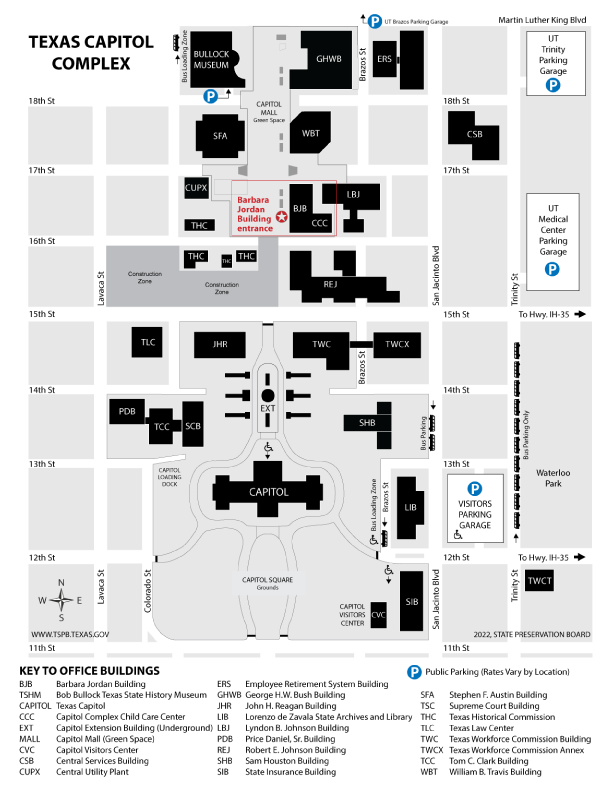 Capitol complex map showing entrance to Barbara Jordan building