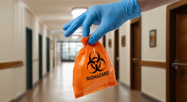 Hand holding a biohazard bag