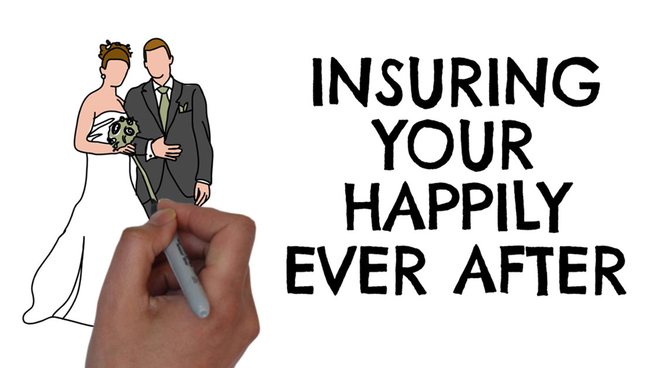 Cartoon of newlyweds. Text: Insuraning your happily ever after